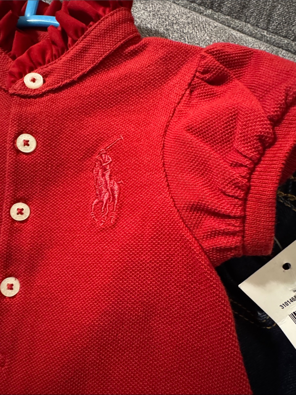 RALPH LAUREN INFANT SIZE 3 MONTH RED RUFFLE TOP NWT OLD NAVY DARK DENIM JEANS